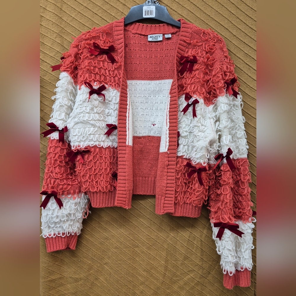 Mighty Fine Coral and White Loop-Knit Cardigan with Burgundy Bows